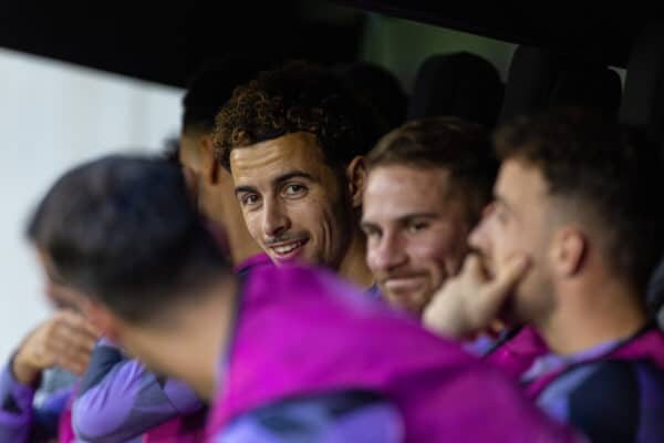 LINZ, AUSTRIA - Thursday, September 21, 2023: Liverpool's substitute Curtis Jones on the bench before the UEFA Europa League Group E matchday 1 game between LASK and Liverpool FC at the Raiffeisen Arena. Liverpool won 3-1. (Pic by David Rawcliffe/Propaganda)