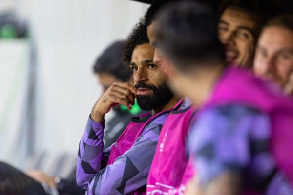 LINZ, AUSTRIA - Thursday, September 21, 2023: Liverpool's substitute Mohamed Salah on the bench before the UEFA Europa League Group E matchday 1 game between LASK and Liverpool FC at the Raiffeisen Arena. Liverpool won 3-1. (Pic by David Rawcliffe/Propaganda)