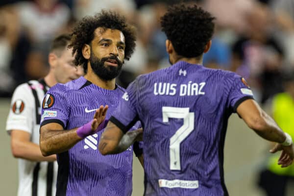 LINZ, AUSTRIA - Thursday, September 21, 2023: Liverpool's Mohamed Salah (L) celebrates with team-mate Luis Díaz after scoring the third goal during the UEFA Europa League Group E matchday 1 game between LASK and Liverpool FC at the Raiffeisen Arena. Liverpool won 3-1. (Pic by David Rawcliffe/Propaganda)