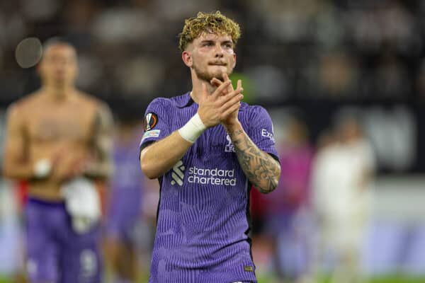 LINZ, AUSTRIA - Thursday, September 21, 2023: Liverpool's Harvey Elliott applauds the supporters after the UEFA Europa League Group E matchday 1 game between LASK and Liverpool FC at the Raiffeisen Arena. Liverpool won 3-1. (Pic by David Rawcliffe/Propaganda)