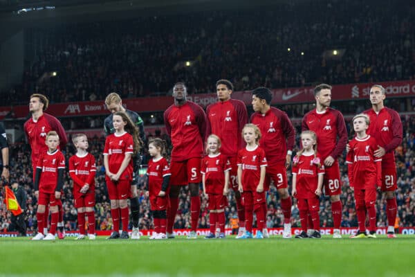 LIVERPOOL, ENGLAND - Wednesday, September 27, 2023: Liverpool players lines-up before the Football League Cup 3rd Round match between Liverpool FC and Leicester City FC at Anfield. Captain Curtis Jones, goalkeeper Caoimhin Kelleher, Ibrahima Konaté, Jarell Quansah, Water Endo, Diogo Jota, Kostas Tsimikas, Ryan Gravenberch, Cody Gakpo. (Pic by David Rawcliffe/Propaganda)