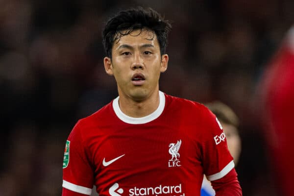 LIVERPOOL, ENGLAND - Wednesday, September 27, 2023: Liverpool's Wataru Endo during the Football League Cup 3rd Round match between Liverpool FC and Leicester City FC at Anfield. Liverpool won 3-1. (Pic by David Rawcliffe/Propaganda)