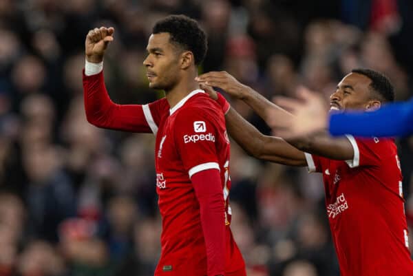 LIVERPOOL, ENGLAND - Wednesday, September 27, 2023: Liverpool's Cody Gakpo (L) celebrates with team-mate Cody Gakpo after scoring his side's first goal during the Football League Cup 3rd Round match between Liverpool FC and Leicester City FC at Anfield. Liverpool won 3-1. (Pic by David Rawcliffe/Propaganda)