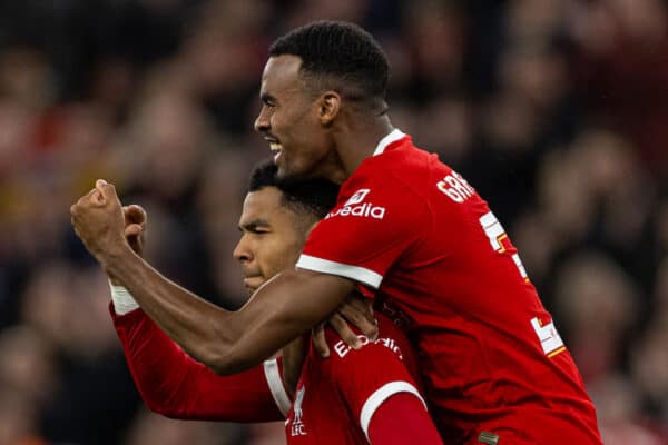 LIVERPOOL, ENGLAND - Wednesday, September 27, 2023: Liverpool's Cody Gakpo (L) celebrates with team-mate Cody Gakpo after scoring his side's first goal during the Football League Cup 3rd Round match between Liverpool FC and Leicester City FC at Anfield. Liverpool won 3-1. (Pic by David Rawcliffe/Propaganda)