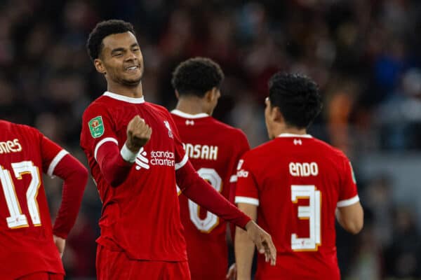 LIVERPOOL, ENGLAND - Wednesday, September 27, 2023: Liverpool's Cody Gakpo celebrates after scoring his side's first goal during the Football League Cup 3rd Round match between Liverpool FC and Leicester City FC at Anfield. Liverpool won 3-1. (Pic by David Rawcliffe/Propaganda)