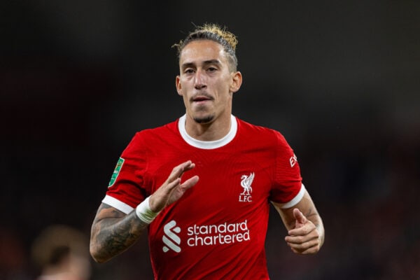 LIVERPOOL, ENGLAND - Wednesday, September 27, 2023: Liverpool's Kostas Tsimikas during the Football League Cup 3rd Round match between Liverpool FC and Leicester City FC at Anfield. Liverpool won 3-1. (Pic by David Rawcliffe/Propaganda)