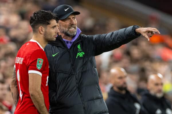 LIVERPOOL, ENGLAND - Wednesday, September 27, 2023: Liverpool's manager Jürgen Klopp prepares to bring on substitute Dominik Szoboszlai during the Football League Cup 3rd Round match between Liverpool FC and Leicester City FC at Anfield. Liverpool won 3-1. (Pic by David Rawcliffe/Propaganda)