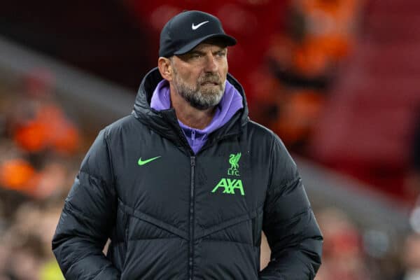 LIVERPOOL, ENGLAND - Wednesday, September 27, 2023: Liverpool's manager Jürgen Klopp during the Football League Cup 3rd Round match between Liverpool FC and Leicester City FC at Anfield. Liverpool won 3-1. (Pic by David Rawcliffe/Propaganda)