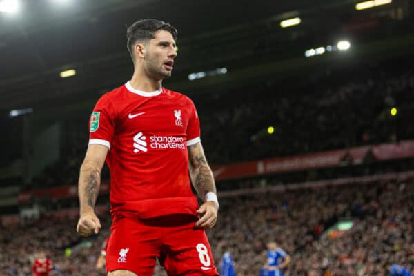 LIVERPOOL, ENGLAND - Wednesday, September 27, 2023: Liverpool's Dominik Szoboszlai celebrates after scoring the second goal during the Football League Cup 3rd Round match between Liverpool FC and Leicester City FC at Anfield. Liverpool won 3-1. (Pic by David Rawcliffe/Propaganda)