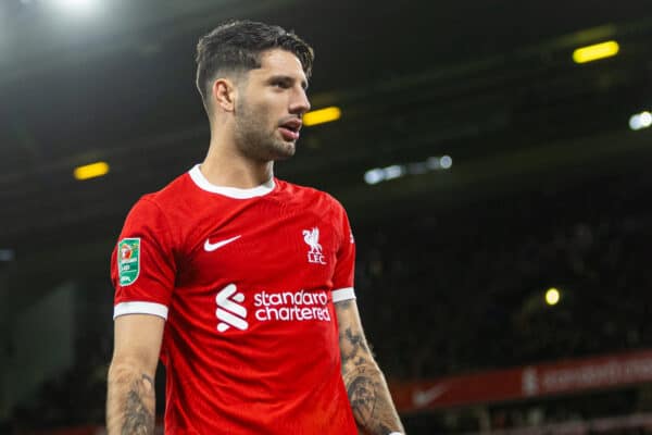 LIVERPOOL, ENGLAND - Wednesday, September 27, 2023: Liverpool's Dominik Szoboszlai celebrates after scoring the second goal during the Football League Cup 3rd Round match between Liverpool FC and Leicester City FC at Anfield. Liverpool won 3-1. (Pic by David Rawcliffe/Propaganda)