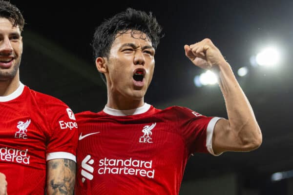 LIVERPOOL, ENGLAND - Wednesday, September 27, 2023: Liverpool's Dominik Szoboszlai (C) celebrates with team-mates Harvey Elliott (L) and Wataru Endo (R) after scoring the second goal during the Football League Cup 3rd Round match between Liverpool FC and Leicester City FC at Anfield. Liverpool won 3-1. (Pic by David Rawcliffe/Propaganda)