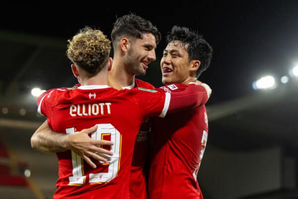 LIVERPOOL, ENGLAND - Wednesday, September 27, 2023: Liverpool's Dominik Szoboszlai (C) celebrates with team-mates Harvey Elliott (L) and Wataru Endo (R) after scoring the second goal during the Football League Cup 3rd Round match between Liverpool FC and Leicester City FC at Anfield. Liverpool won 3-1. (Pic by David Rawcliffe/Propaganda)