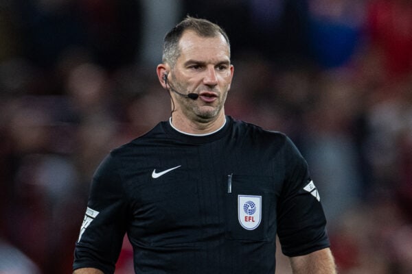 LIVERPOOL, ENGLAND - Wednesday, September 27, 2023: Referee Tim Robinson during the Football League Cup 3rd Round match between Liverpool FC and Leicester City FC at Anfield. Liverpool won 3-1. (Pic by David Rawcliffe/Propaganda)