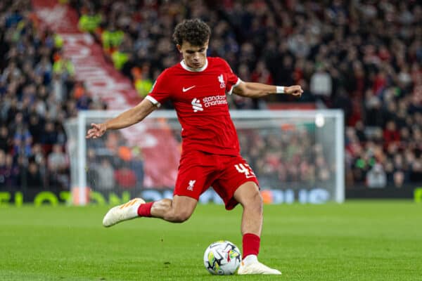 LIVERPOOL, ENGLAND - Wednesday, September 27, 2023: Liverpool's Stefan Bajcetic during the Football League Cup 3rd Round match between Liverpool FC and Leicester City FC at Anfield. Liverpool won 3-1. (Pic by David Rawcliffe/Propaganda)