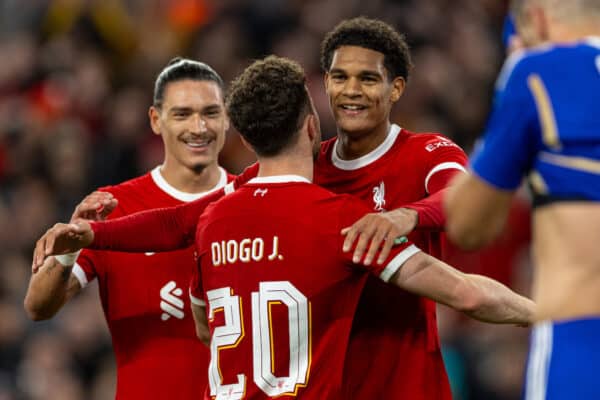 LIVERPOOL, ENGLAND - Wednesday, September 27, 2023: Liverpool's Diogo Jota (C) celebrates after scoring the third goal with team-mates Darwin Núñez (L) and Jarell Quansah (R) during the Football League Cup 3rd Round match between Liverpool FC and Leicester City FC at Anfield. Liverpool won 3-1. (Pic by David Rawcliffe/Propaganda)