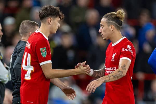 LIVERPOOL, ENGLAND - Wednesday, September 27, 2023: Liverpool's Kostas Tsimikas is replaced by substitute Luke Chambers during the Football League Cup 3rd Round match between Liverpool FC and Leicester City FC at Anfield. Liverpool won 3-1. (Pic by David Rawcliffe/Propaganda)