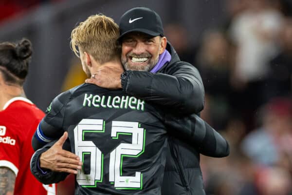 LIVERPOOL, ENGLAND - Wednesday, September 27, 2023: Liverpool's manager Jürgen Klopp (R) embraces goalkeeper Caoimhin Kelleher after the Football League Cup 3rd Round match between Liverpool FC and Leicester City FC at Anfield. Liverpool won 3-1. (Pic by David Rawcliffe/Propaganda)