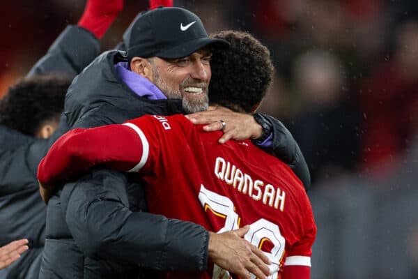 LIVERPOOL, ENGLAND - Wednesday, September 27, 2023: Liverpool's manager Jürgen Klopp (L) embraces Jarell Quansah after the Football League Cup 3rd Round match between Liverpool FC and Leicester City FC at Anfield. Liverpool won 3-1. (Pic by David Rawcliffe/Propaganda)