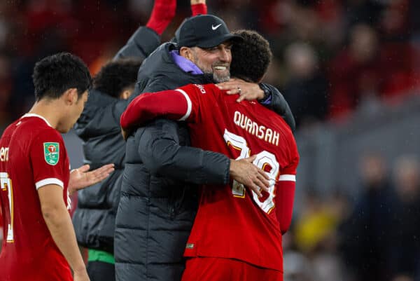 LIVERPOOL, ENGLAND - Wednesday, September 27, 2023: Liverpool's manager Jürgen Klopp (L) embraces Jarell Quansah after the Football League Cup 3rd Round match between Liverpool FC and Leicester City FC at Anfield. Liverpool won 3-1. (Pic by David Rawcliffe/Propaganda)