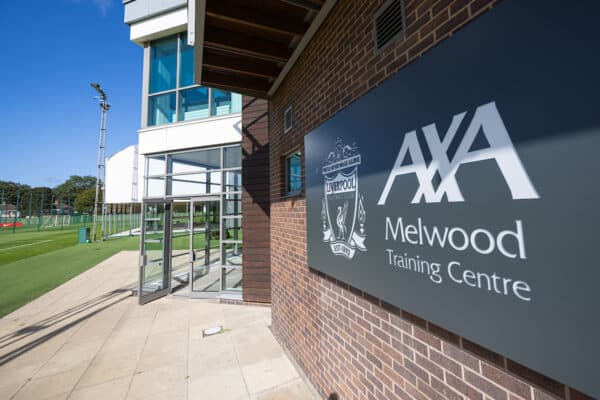 LIVERPOOL, ENGLAND - Friday, September 29, 2023: AXA branding seen during an open taining session at the AXA Melwood Training Centre ahead of the Women's Super League opening fixture between Arsenal FC and Liverpool FC. (Pic by David Rawcliffe/Propaganda)