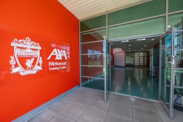 LIVERPOOL, ENGLAND - Friday, September 29, 2023: AXA branding seen during an open taining session at the AXA Melwood Training Centre ahead of the Women's Super League opening fixture between Arsenal FC and Liverpool FC. (Pic by David Rawcliffe/Propaganda)