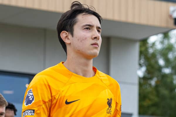 LONDON, ENGLAND - Sunday, October 1, 2023: Liverpool's goalkeeper Marcelo Pitaluga walks out before the Premier League 2 Division 1 match between Crystal Palace’s Under-21’s and Liverpool FC Under-21's at the Crystal Palace Training Ground. (Pic by David Rawcliffe/Propaganda)