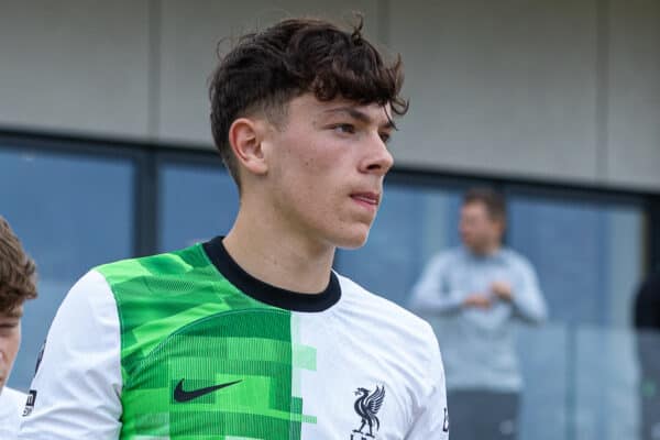 LONDON, ENGLAND - Sunday, October 1, 2023: Liverpool's Luke Chambers walks out before the Premier League 2 Division 1 match between Crystal Palace’s Under-21’s and Liverpool FC Under-21's at the Crystal Palace Training Ground. (Pic by David Rawcliffe/Propaganda)