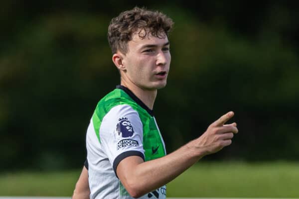 LONDON, ENGLAND - Sunday, October 1, 2023: Liverpool's Mateusz Musialowski celebrates after scoring the first equalising goal during the Premier League 2 Division 1 match between Crystal Palace’s Under-21’s and Liverpool FC Under-21's at the Crystal Palace Training Ground. (Pic by David Rawcliffe/Propaganda)