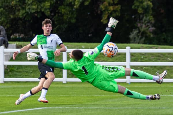 LONDON, ENGLAND - Sunday, October 1, 2023: Liverpool's Lewis Koumas scores the third goal past Crystal Palace's Jackson Izquierdo during the Premier League 2 Division 1 match between Crystal Palace FC Under-21's and Liverpool FC Under-21's at the Crystal Palace Training Ground . (Pic by David Rawcliffe/Propaganda)