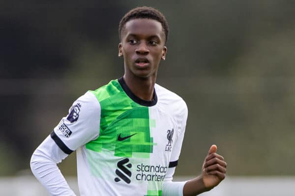 LONDON, ENGLAND - Sunday, October 1, 2023: Liverpool's substitute Trey Nyoni during the Premier League 2 Division 1 match between Crystal Palace FC Under-21's and Liverpool FC Under-21's at the Crystal Palace Training Ground . (Pic by David Rawcliffe/Propaganda)