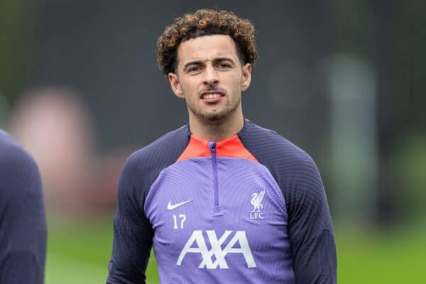 LIVERPOOL, ENGLAND - Wednesday, October 4, 2023: Liverpool's Curtis Jones during a training session at the AXA Training Centre ahead of the UEFA Europa League Group E match between Liverpool FC and Union SG. (Pic by David Rawcliffe/Propaganda)