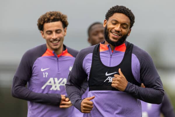 LIVERPOOL, ENGLAND - Wednesday, October 4, 2023: Liverpool's Joe Gomez during a training session at the AXA Training Centre ahead of the UEFA Europa League Group E match between Liverpool FC and Union SG. (Pic by David Rawcliffe/Propaganda)