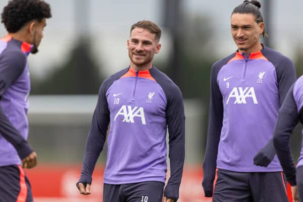 LIVERPOOL, ENGLAND - Wednesday, October 4, 2023: Liverpool's Alexis Mac Allister (L) and Darwin Núñez during a training session at the AXA Training Centre ahead of the UEFA Europa League Group E match between Liverpool FC and Union SG. (Pic by David Rawcliffe/Propaganda)