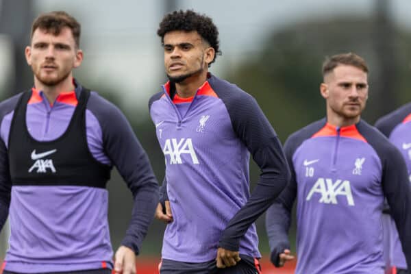 LIVERPOOL, ENGLAND - Wednesday, October 4, 2023: Liverpool's Luis Díaz during a training session at the AXA Training Centre ahead of the UEFA Europa League Group E match between Liverpool FC and Union SG. (Pic by David Rawcliffe/Propaganda)