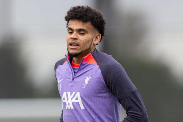 LIVERPOOL, ENGLAND - Wednesday, October 4, 2023: Liverpool's Luis Díaz during a training session at the AXA Training Centre ahead of the UEFA Europa League Group E match between Liverpool FC and Union SG. (Pic by David Rawcliffe/Propaganda)