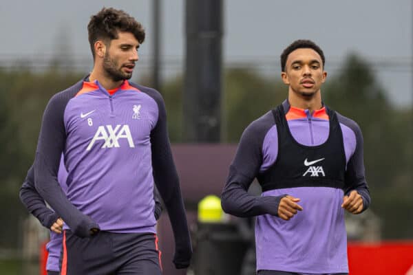 LIVERPOOL, ENGLAND - Wednesday, October 4, 2023: Liverpool's Dominik Szoboszlai (L) and Trent Alexander-Arnold during a training session at the AXA Training Centre ahead of the UEFA Europa League Group E match between Liverpool FC and Union SG. (Pic by David Rawcliffe/Propaganda)