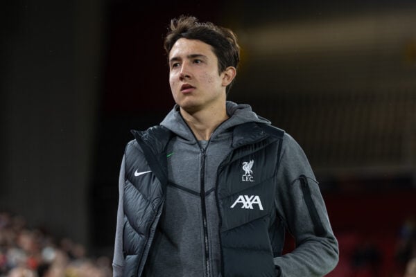 LIVERPOOL, ENGLAND - Thursday, October 5, 2023: Liverpool's goalkeeper Marcelo Pitaluga during the UEFA Europa League Group E matchday 2 game between Liverpool FC and Union SG at Anfield. (Pic by David Rawcliffe/Propaganda)