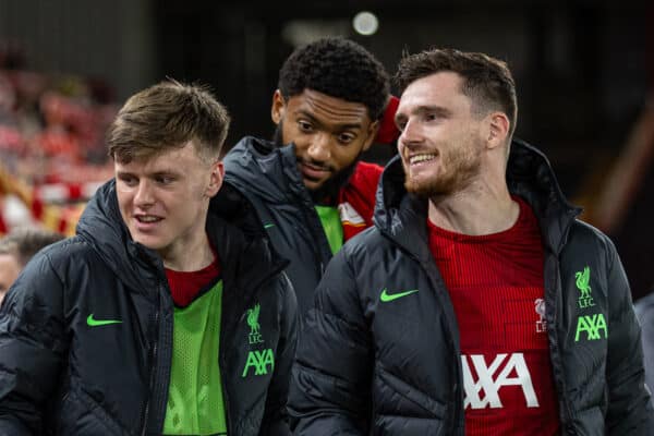 LIVERPOOL, ENGLAND - Thursday, October 5, 2023: Liverpool substitutes Joël Matip, Ben Doak, Joe Gomez and Andy Robertson during the UEFA Europa League Group E matchday 2 game between Liverpool FC and Union SG at Anfield. (Pic by David Rawcliffe/Propaganda)