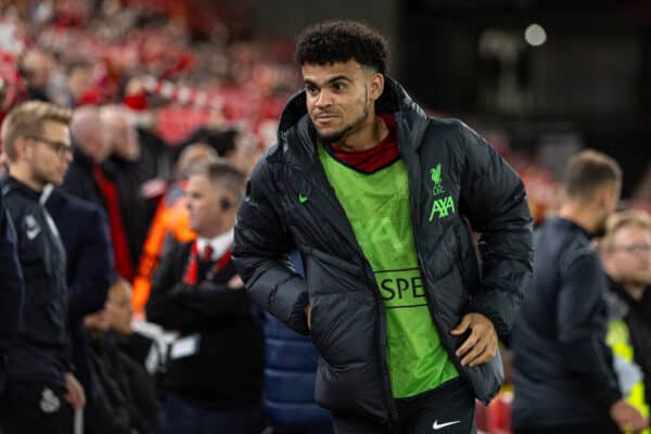 LIVERPOOL, ENGLAND - Thursday, October 5, 2023: Liverpool's substitute Luis Díaz before the UEFA Europa League Group E matchday 2 game between Liverpool FC and Union SG at Anfield. (Pic by David Rawcliffe/Propaganda)