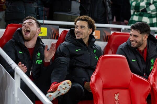 LIVERPOOL, ENGLAND - Thursday, October 5, 2023: Liverpool substitutes (L-R) Andy Robertson, Curtis Jones and Dominik Szoboszlai laugh on the bench before the UEFA Europa League Group E matchday 2 game between Liverpool FC and Union SG at Anfield. (Pic by David Rawcliffe/Propaganda)