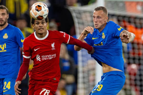 LIVERPOOL, ENGLAND - Thursday, October 5, 2023: Liverpool's Jarell Quansah (L) is challenged by Union SG's Gustaf Nilsson during the UEFA Europa League Group E matchday 2 game between Liverpool FC and Union SG at Anfield. (Pic by David Rawcliffe/Propaganda)