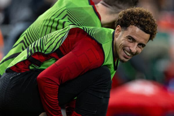 LIVERPOOL, ENGLAND - Thursday, October 5, 2023: Liverpool's substitute Curtis Jones warms-up during the UEFA Europa League Group E matchday 2 game between Liverpool FC and Union SG at Anfield. (Pic by David Rawcliffe/Propaganda)