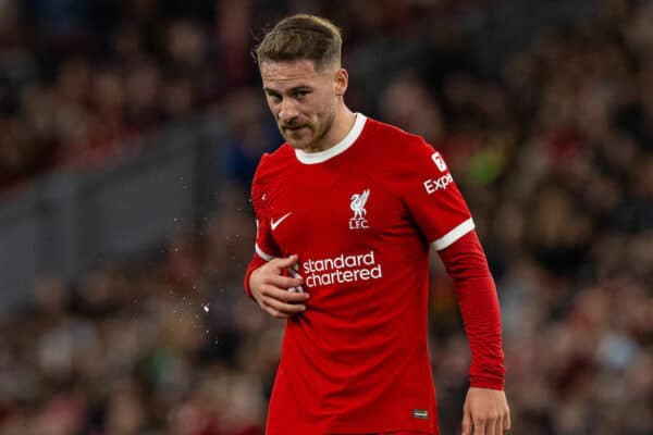 LIVERPOOL, ENGLAND - Thursday, October 5, 2023: Liverpool's Alexis Mac Allister during the UEFA Europa League Group E matchday 2 game between Liverpool FC and Union SG at Anfield. (Pic by David Rawcliffe/Propaganda)