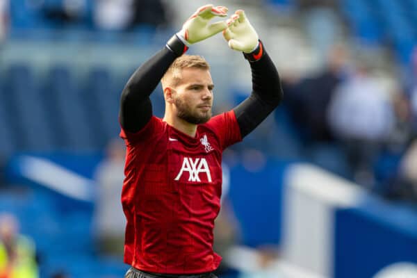 BRIGHTON & HOVE, ENGLAND - Sunday, October 8, 2023: Liverpool's goalkeeper Vitezslav Jaros during the pre-match warm-up before the FA Premier League match between Brighton & Hove Albion FC and Liverpool FC at the American Express Community Stadium. The game ended in a 2-2 draw. (Pic by David Rawcliffe/Propaganda)