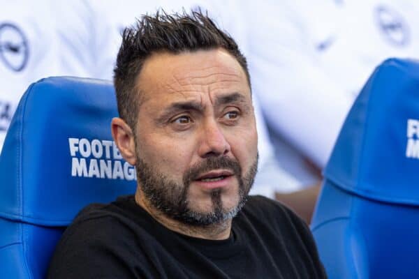 BRIGHTON & HOVE, ENGLAND - Sunday, October 8, 2023: Brighton & Hove Albion's manager Roberto De Zerbi before the FA Premier League match between Brighton & Hove Albion FC and Liverpool FC at the American Express Community Stadium. The game ended in a 2-2 draw. (Pic by David Rawcliffe/Propaganda)