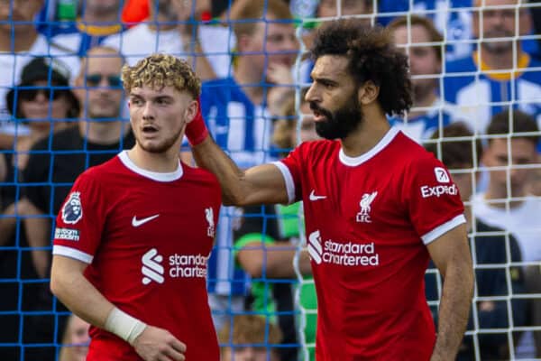 BRIGHTON & HOVE, ENGLAND - Sunday, October 8, 2023: Liverpool's Mohamed Salah (R) celebrates with team-mate Harvey Elliott after scoring the first equalising goal during the FA Premier League match between Brighton & Hove Albion FC and Liverpool FC at the American Express Community Stadium. The game ended in a 2-2 draw. (Pic by David Rawcliffe/Propaganda)