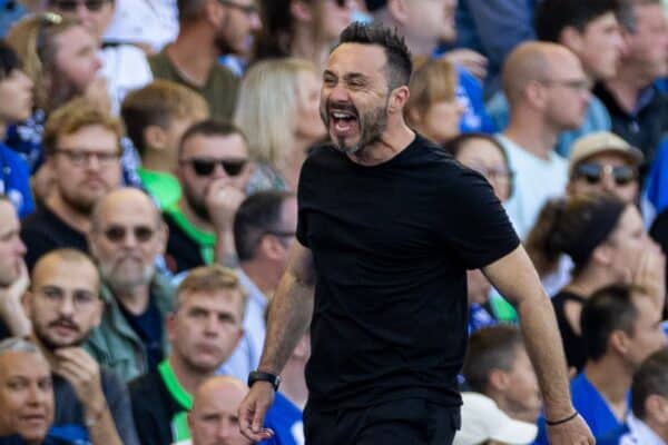 BRIGHTON & HOVE, ENGLAND - Sunday, October 8, 2023: Brighton & Hove Albion's manager Roberto De Zerbi reacts during the FA Premier League match between Brighton & Hove Albion FC and Liverpool FC at the American Express Community Stadium. The game ended in a 2-2 draw. (Pic by David Rawcliffe/Propaganda)