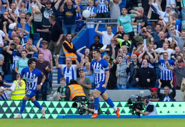 BRIGHTON & HOVE, ENGLAND - Sunday, October 8, 2023: Brighton & Hove Albion's captain Lewis Dunk celebrates after scoring an equalising goal to level the score 2-2 during the FA Premier League match between Brighton & Hove Albion FC and Liverpool FC at the American Express Community Stadium. The game ended in a 2-2 draw. (Pic by David Rawcliffe/Propaganda)