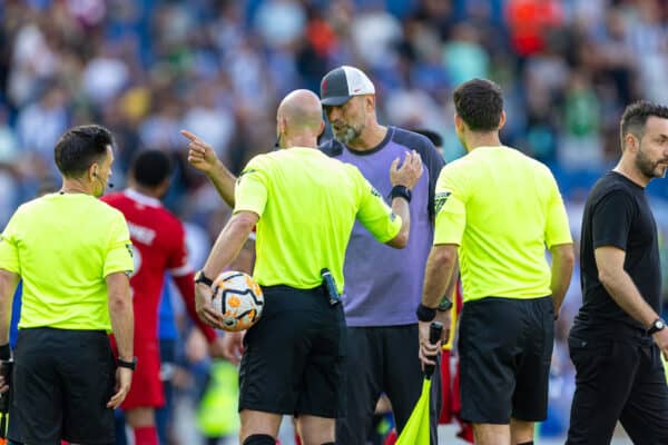 BRIGHTON & HOVE, ENGLAND - Sunday, October 8, 2023: Liverpool's manager Jürgen Klopp speaks with referee Anthony Taylor after the FA Premier League match between Brighton & Hove Albion FC and Liverpool FC at the American Express Community Stadium. The game ended in a 2-2 draw. (Pic by David Rawcliffe/Propaganda)