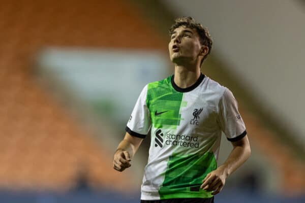 BLACKPOOL, ENGLAND - Tuesday, October 10, 2023: Liverpool's Mateusz Musialowski reacts after missing a chance during the English Football League Trophy Northern Group A match between Blackpool FC and Liverpool FC Under-21's at Bloomfield Road. Blackpool won 5-2. (Photo by David Rawcliffe/Propaganda)